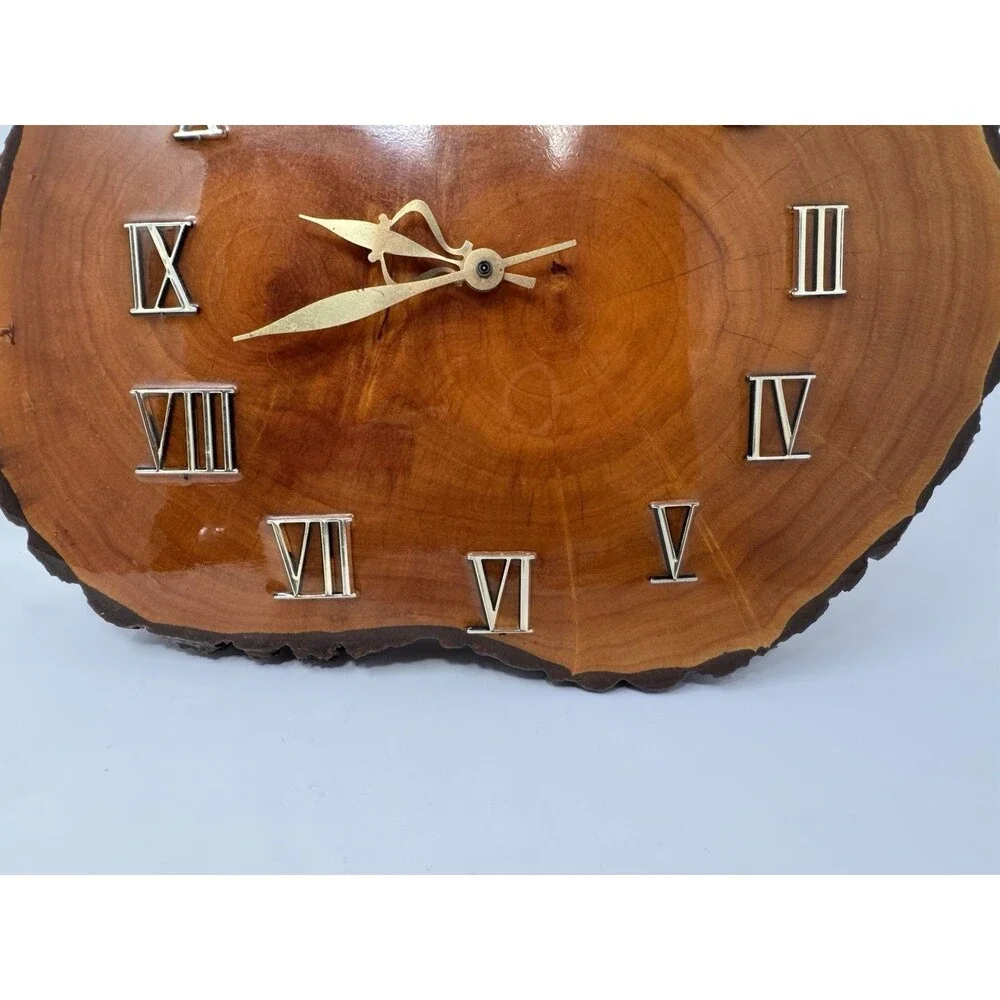 Vintage Live Edge Wood Slice Wall Clock Roman Numerals 15x16 Tested